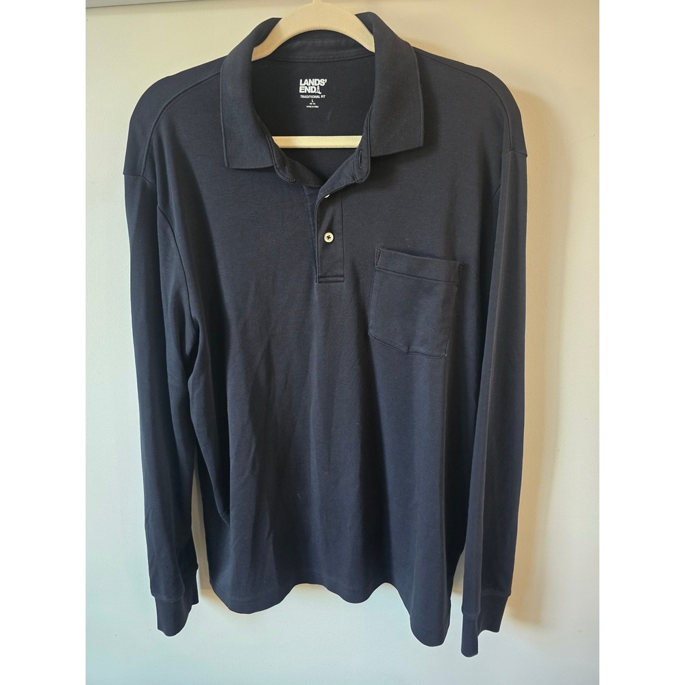 Lands End Mens Long Sleeve Polo Shirt Black Cotton Traditional Fit Large Pocket